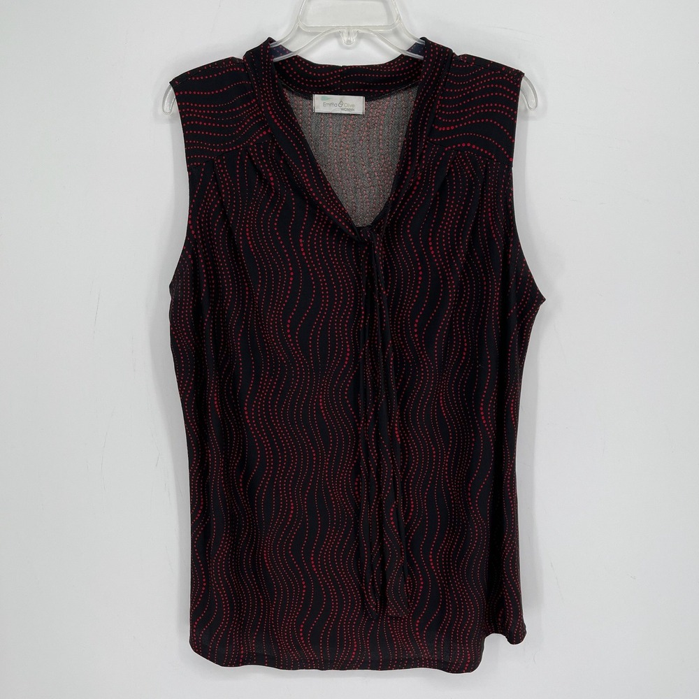 Emma & Olive Women's Black Red Dotted Tie Neck Sleeveless Blouse Plus Size 1X